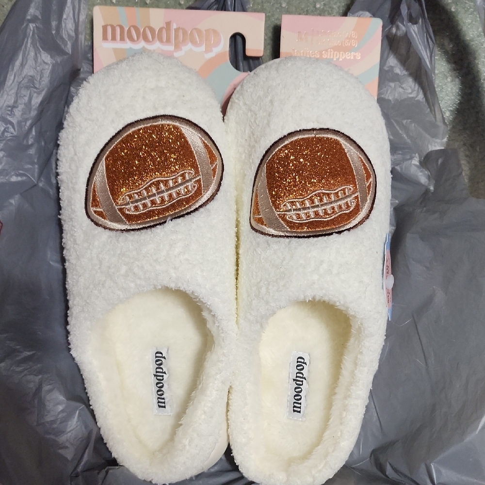 Women's White Slippers with Brown Football Design